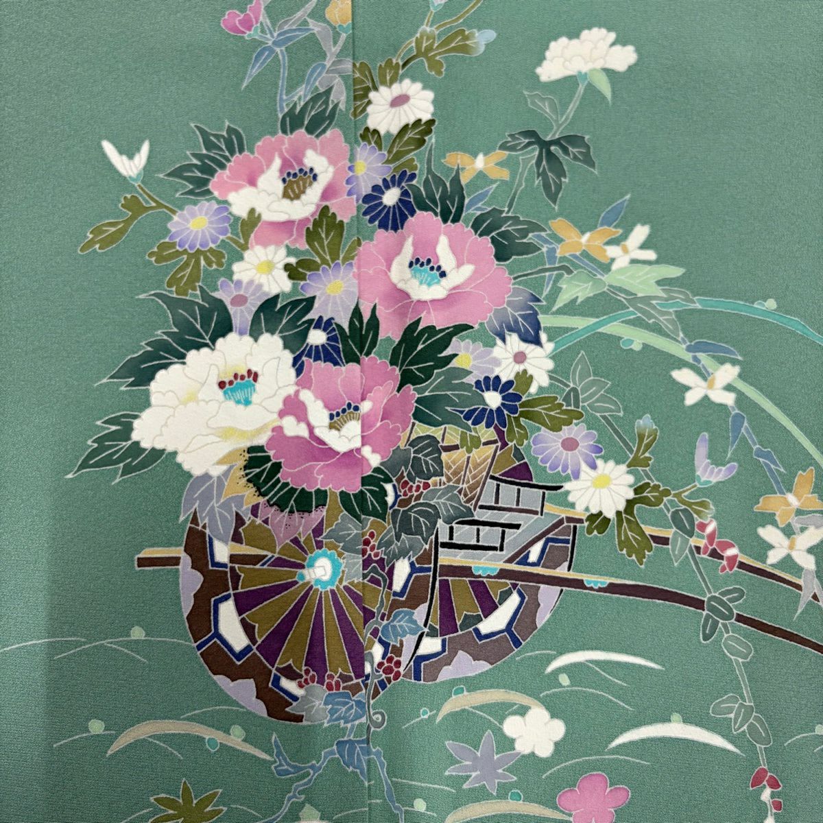 付下 身長160.5cm 袖長64.5cm M 雙層 落款有 花車 露芝 淺綠 純蠶絲 名品級
