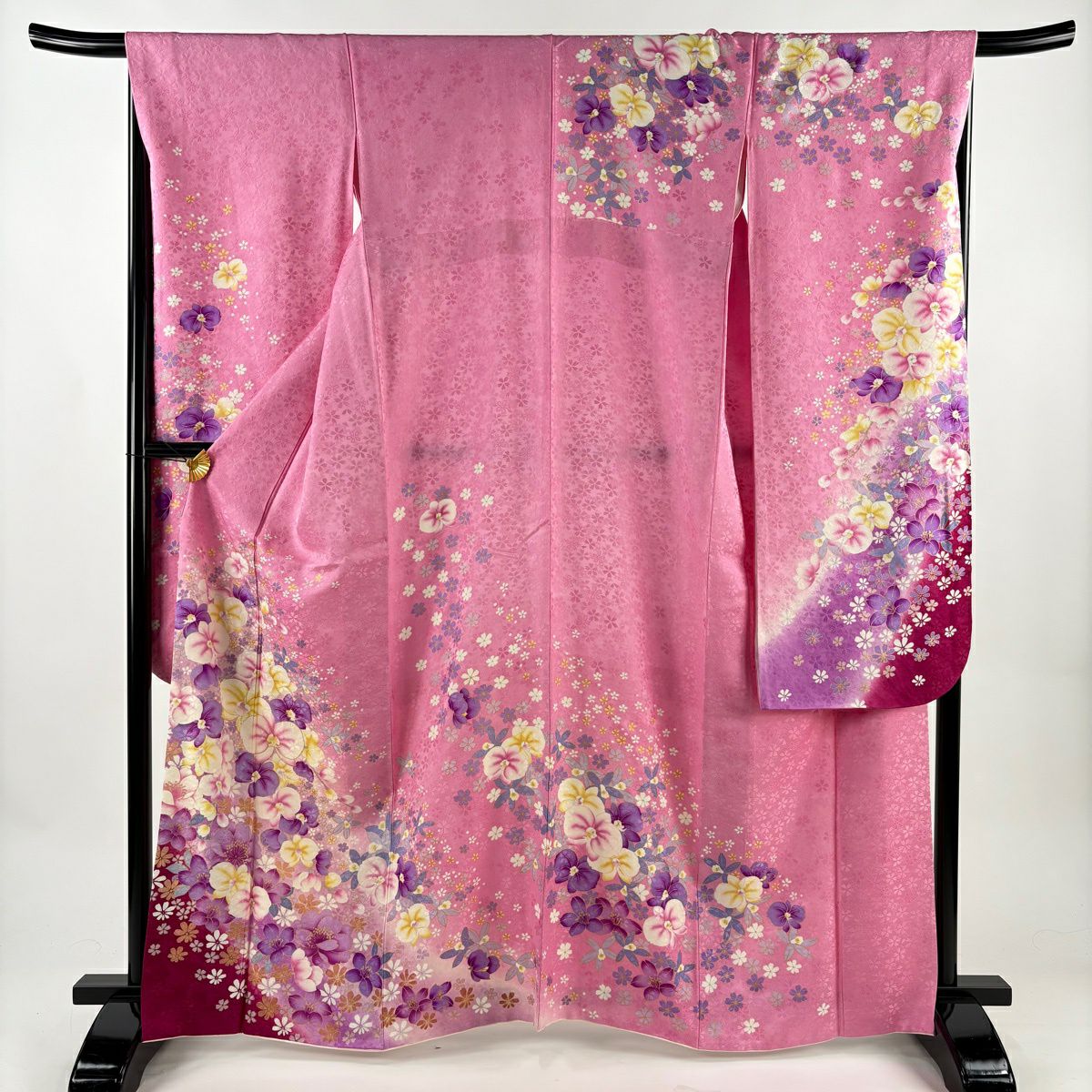 【美品】振袖禮服 身長163.5cm 袖長67.5cm L 雙層 胡蝶蘭 草花紋紋 金金箔 金銀彩 粉色 純蠶絲 名品級