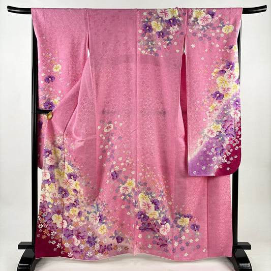 【美品】振袖禮服 身長163.5cm 袖長67.5cm L 雙層 胡蝶蘭 草花紋紋 金金箔 金銀彩 粉色 純蠶絲 名品級