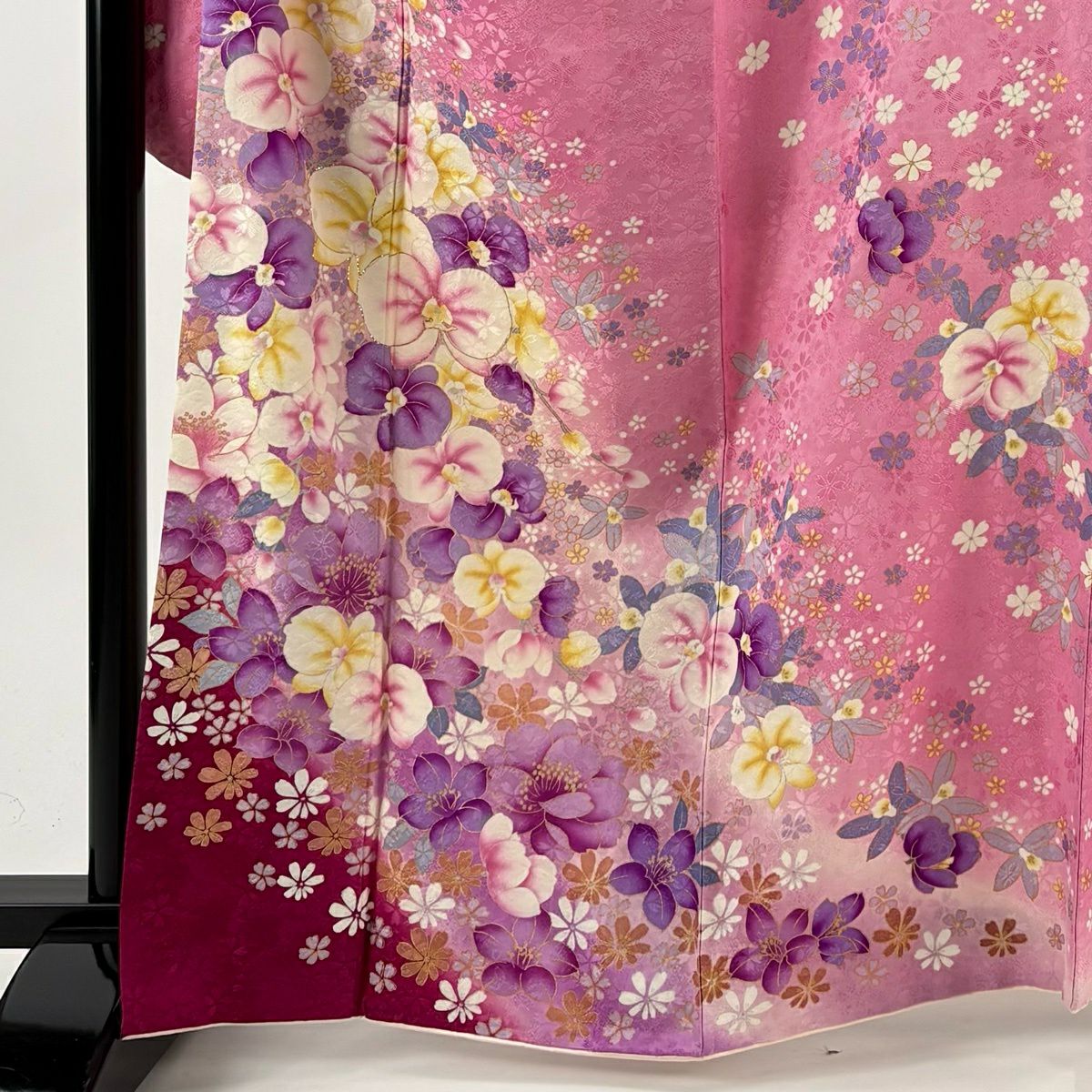 【美品】振袖禮服 身長163.5cm 袖長67.5cm L 雙層 胡蝶蘭 草花紋紋 金金箔 金銀彩 粉色 純蠶絲 名品級