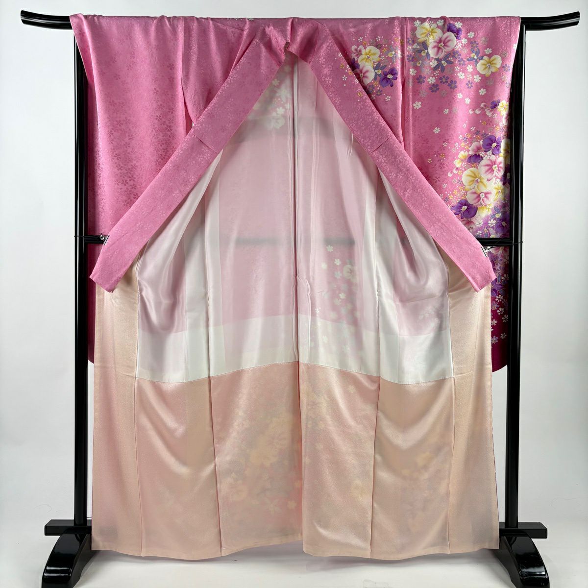 【美品】振袖禮服 身長163.5cm 袖長67.5cm L 雙層 胡蝶蘭 草花紋紋 金金箔 金銀彩 粉色 純蠶絲 名品級