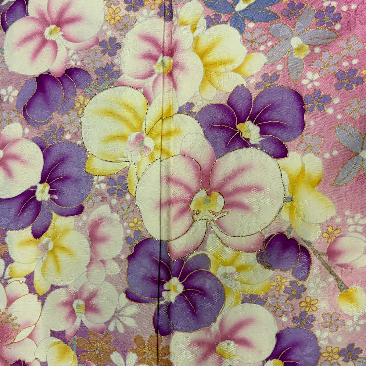 【美品】振袖禮服 身長163.5cm 袖長67.5cm L 雙層 胡蝶蘭 草花紋紋 金金箔 金銀彩 粉色 純蠶絲 名品級