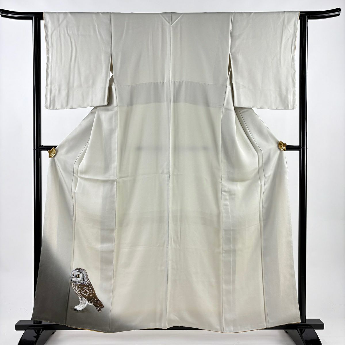 【美品】 付下 身長159.5cm 袖長62cm S 雙層 貓頭鷹 裾暈染 灰綠 純蠶絲 名品級