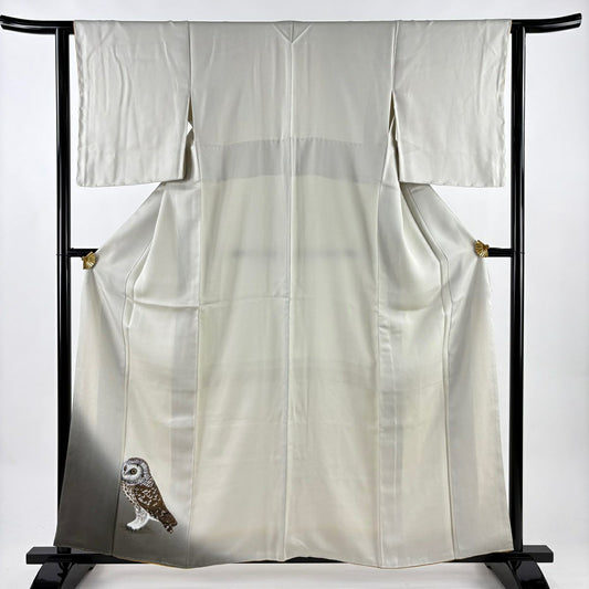 【美品】 付下 身長159.5cm 袖長62cm S 雙層 貓頭鷹 裾暈染 灰綠 純蠶絲 名品級