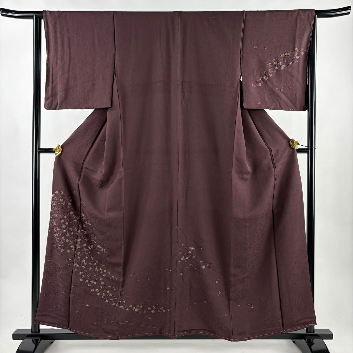 【美品】 付下 身長158cm 袖長64cm M 雙層 菊花 流水 刺繡 金線 茶紫 純蠶絲 名品級