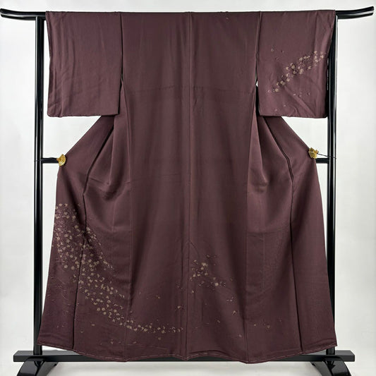 【美品】 付下 身長158cm 袖長64cm M 雙層 菊花 流水 刺繡 金線 茶紫 純蠶絲 名品級