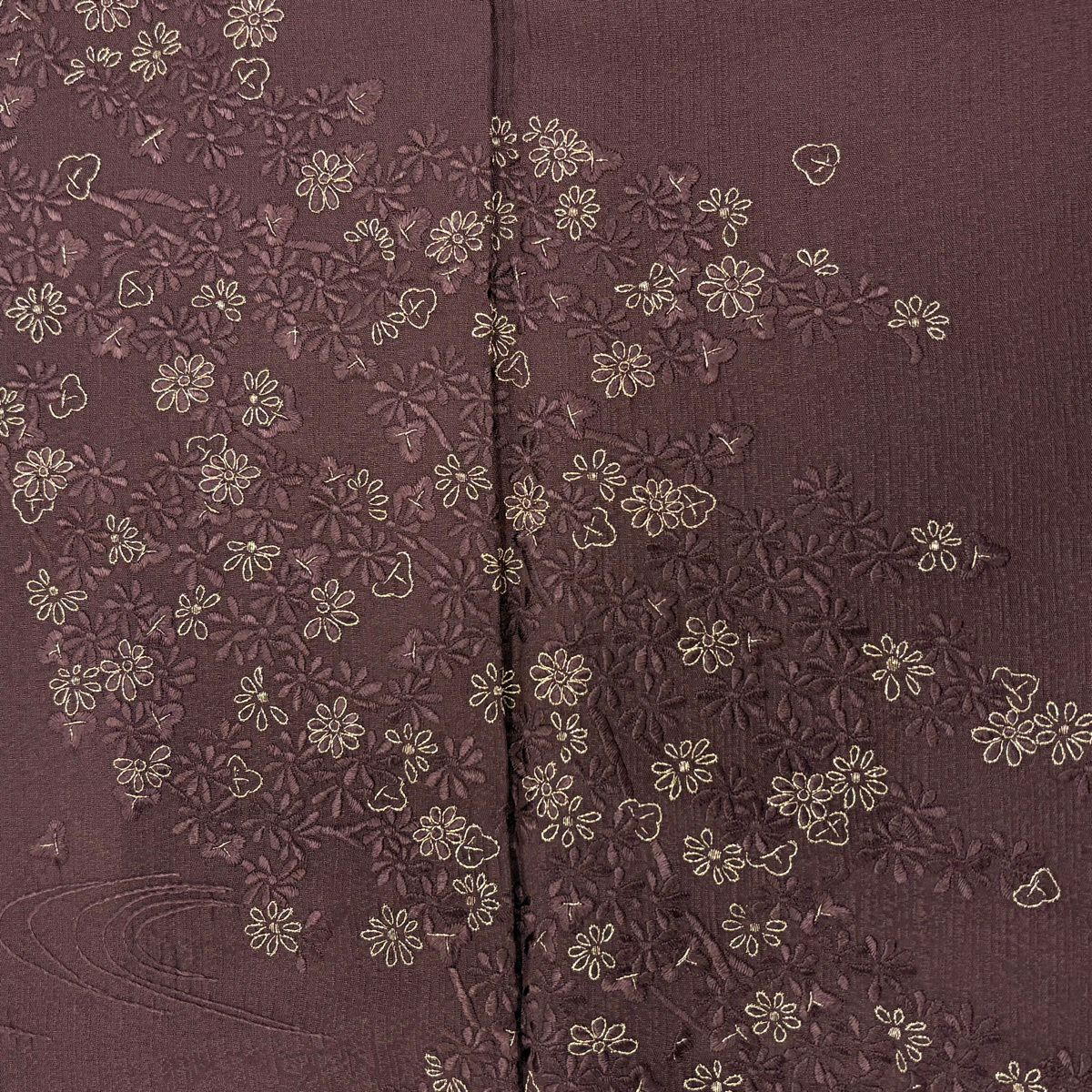 【美品】 付下 身長158cm 袖長64cm M 雙層 菊花 流水 刺繡 金線 茶紫 純蠶絲 名品級