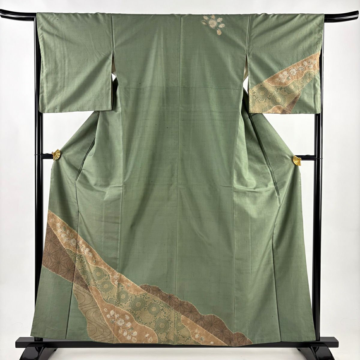 付下 身長158.5cm 袖長66cm M 雙層 紬織織 草花紋紋 麻葉 絞染 刺繡 艾草色 純蠶絲 名品級