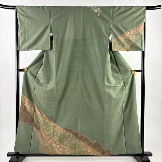 付下 身長158.5cm 袖長66cm M 雙層 紬織織 草花紋紋 麻葉 絞染 刺繡 艾草色 純蠶絲 名品級