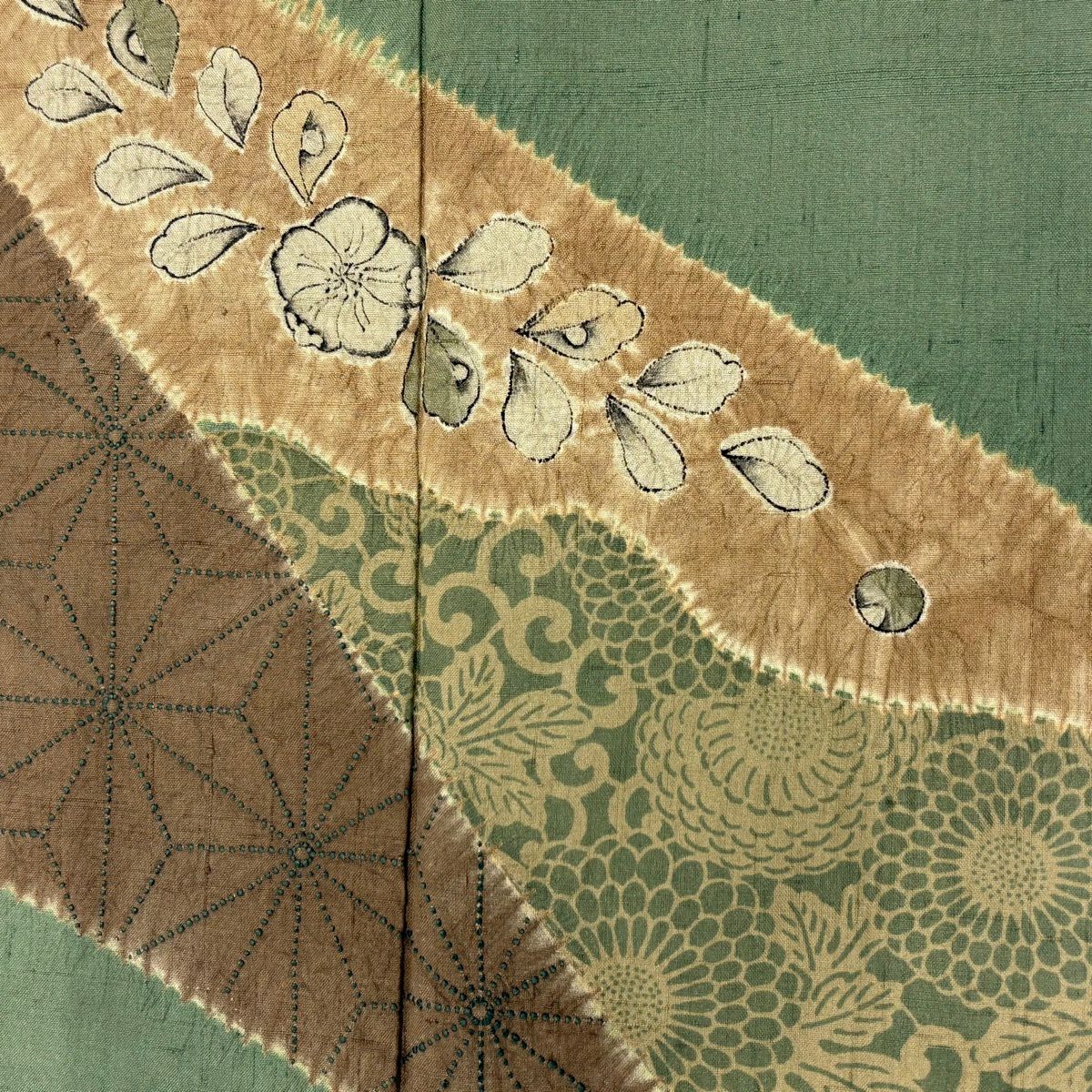 付下 身長158.5cm 袖長66cm M 雙層 紬織織 草花紋紋 麻葉 絞染 刺繡 艾草色 純蠶絲 名品級
