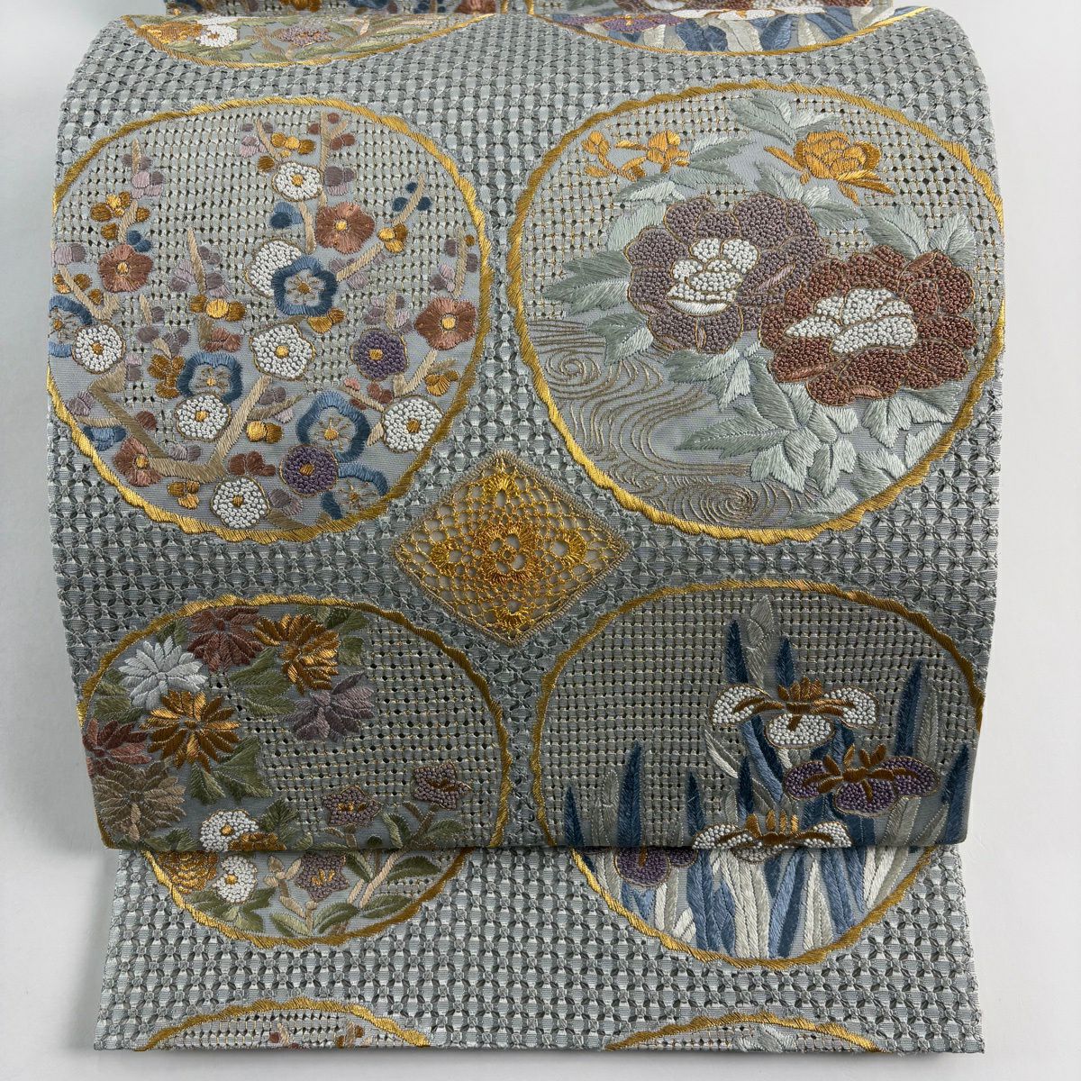 袋帶 逸品級 牡丹 枝梅花 刺繡 金線 青灰 六通 純蠶絲