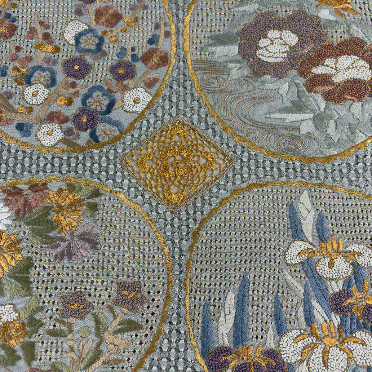 袋帶 逸品級 牡丹 枝梅花 刺繡 金線 青灰 六通 純蠶絲