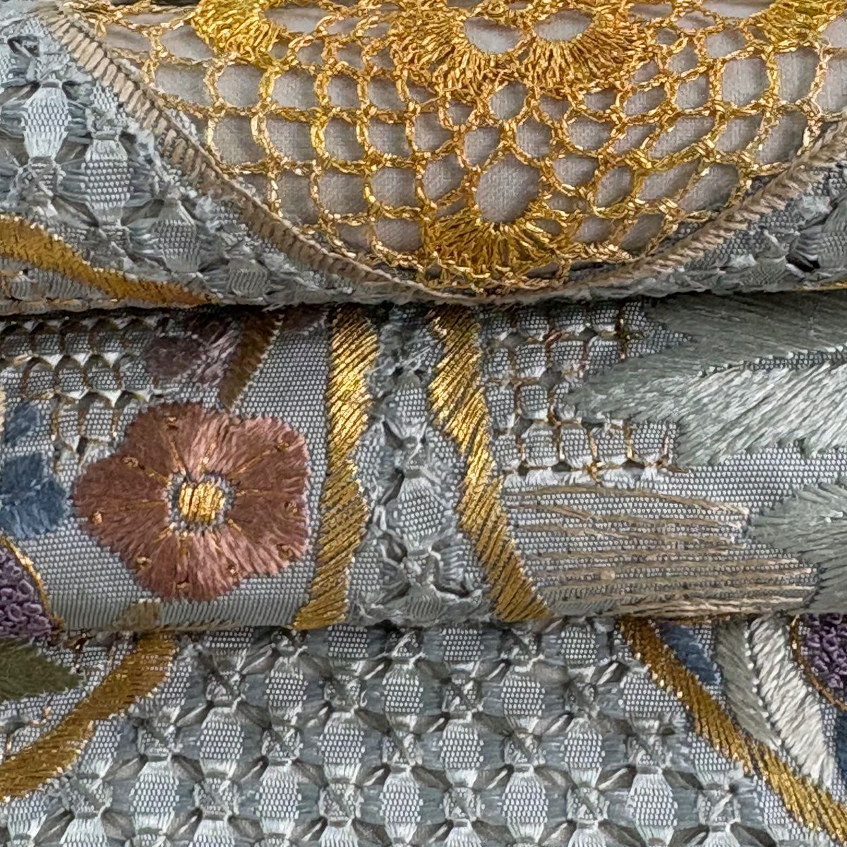 袋帶 逸品級 牡丹 枝梅花 刺繡 金線 青灰 六通 純蠶絲