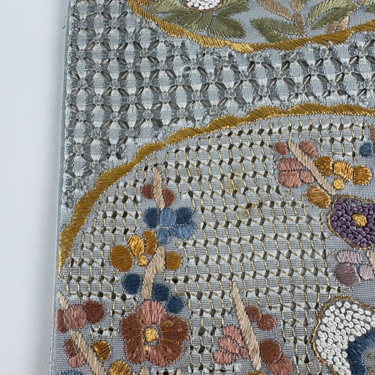 袋帶 逸品級 牡丹 枝梅花 刺繡 金線 青灰 六通 純蠶絲