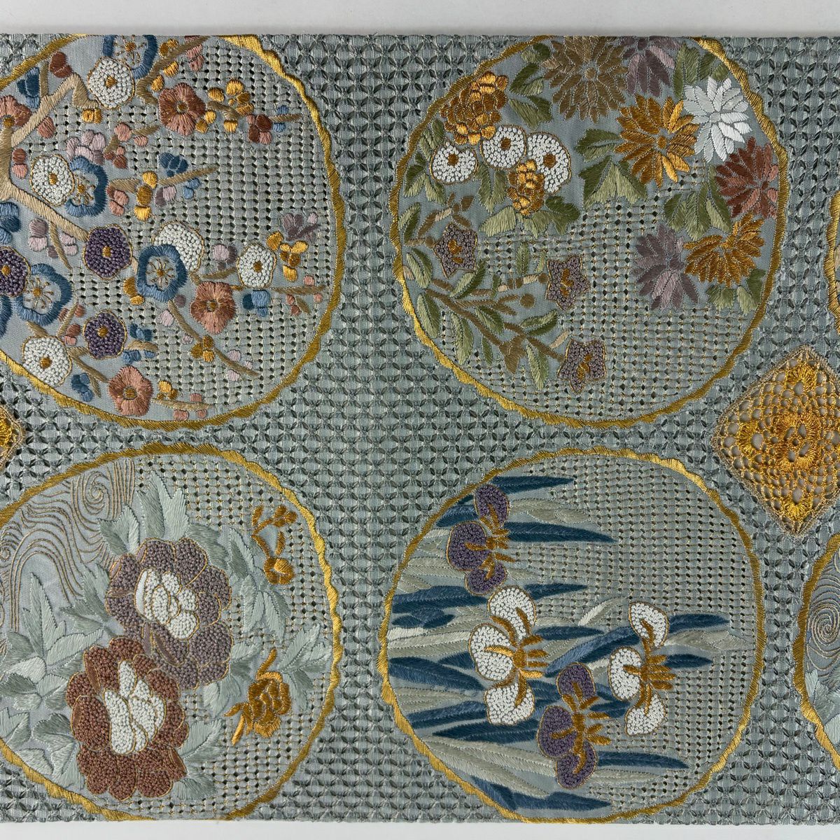 袋帶 逸品級 牡丹 枝梅花 刺繡 金線 青灰 六通 純蠶絲