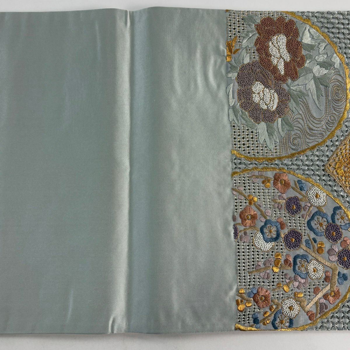 袋帶 逸品級 牡丹 枝梅花 刺繡 金線 青灰 六通 純蠶絲