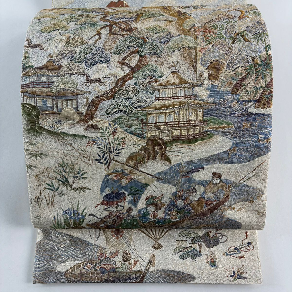 【美品】 袋帶 逸品級 招福千壽紋 七福神 金閣寺 金金箔 米色 大鼓圖案 純蠶絲