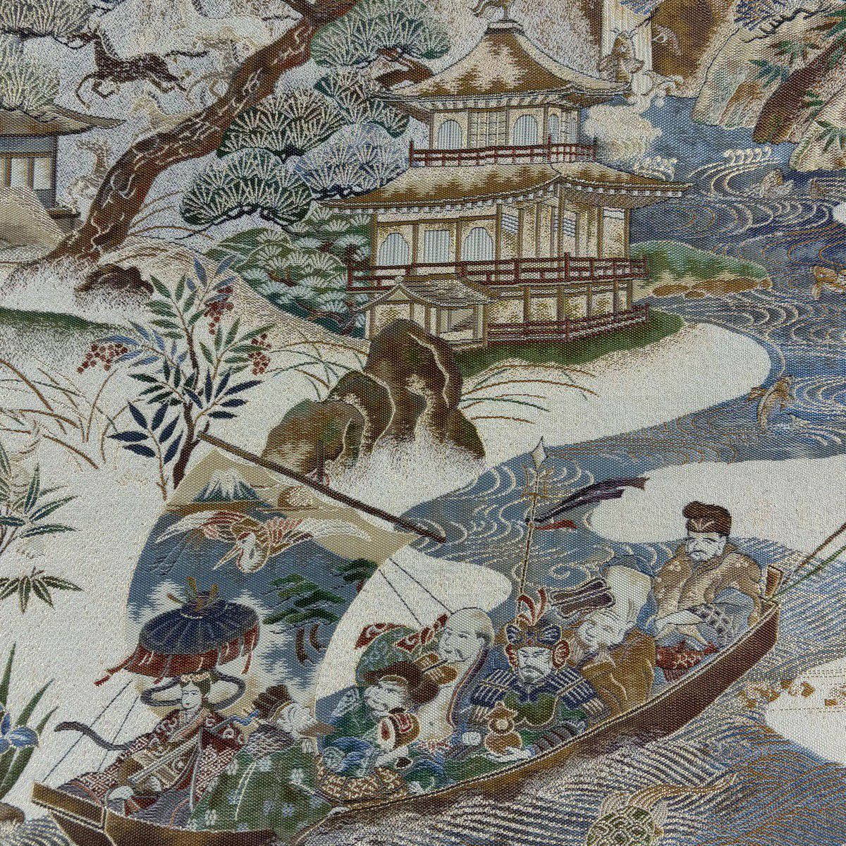 【美品】 袋帶 逸品級 招福千壽紋 七福神 金閣寺 金金箔 米色 大鼓圖案 純蠶絲