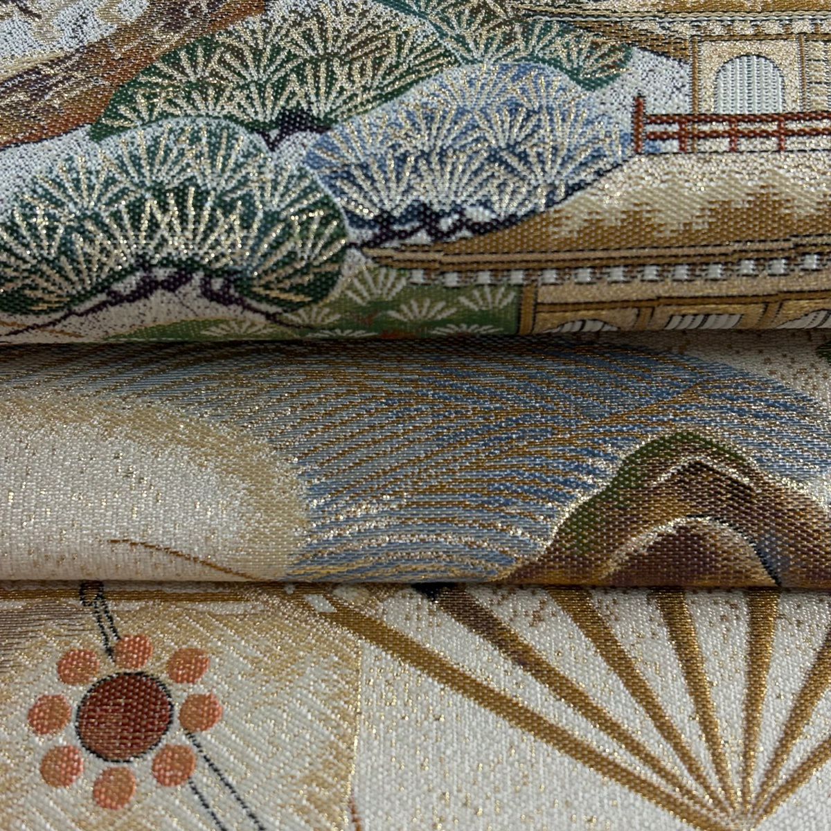 【美品】 袋帶 逸品級 招福千壽紋 七福神 金閣寺 金金箔 米色 大鼓圖案 純蠶絲