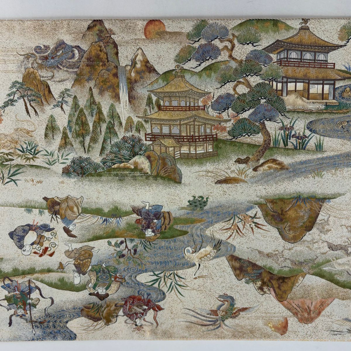 【美品】 袋帶 逸品級 招福千壽紋 七福神 金閣寺 金金箔 米色 大鼓圖案 純蠶絲