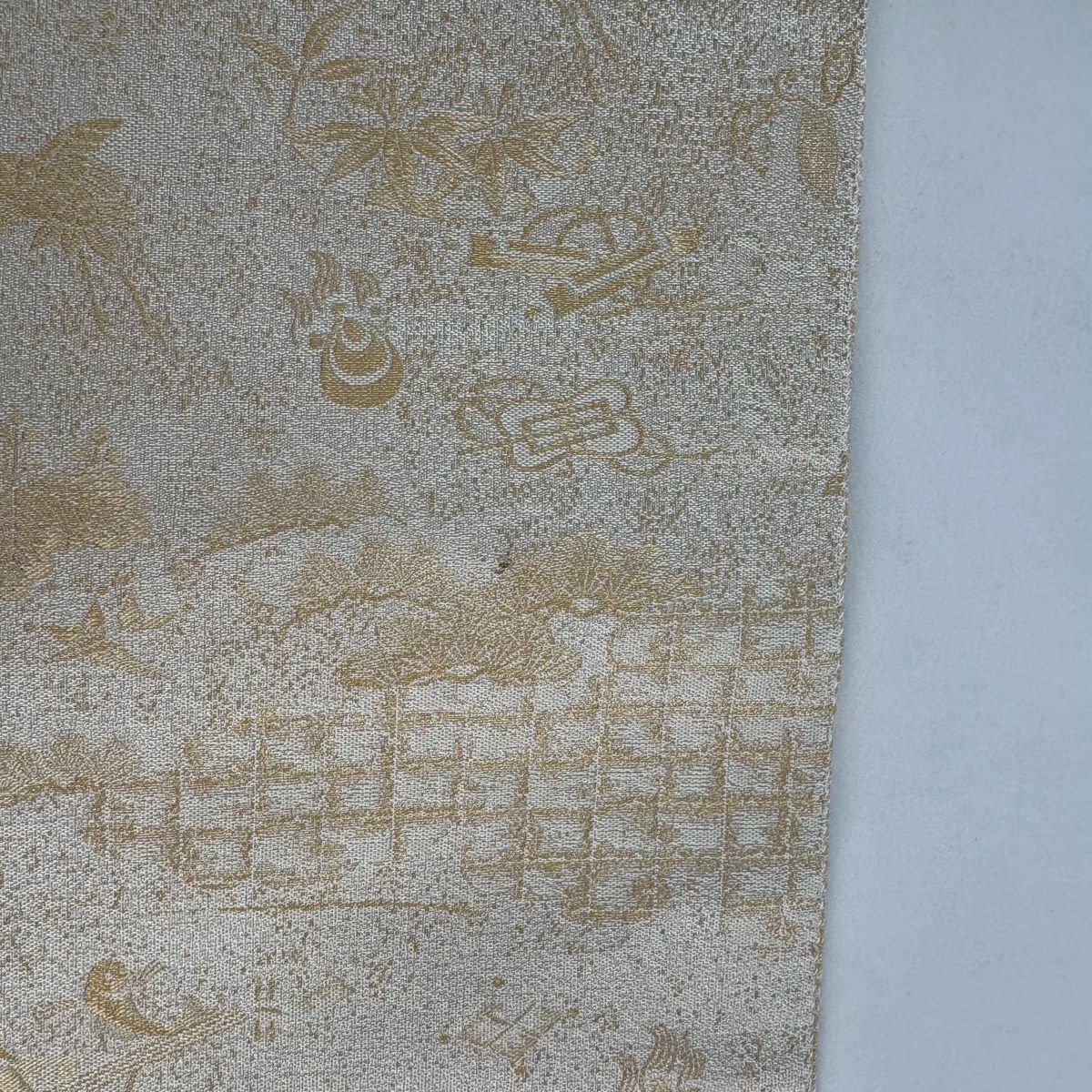 【美品】 袋帶 逸品級 招福千壽紋 七福神 金閣寺 金金箔 米色 大鼓圖案 純蠶絲