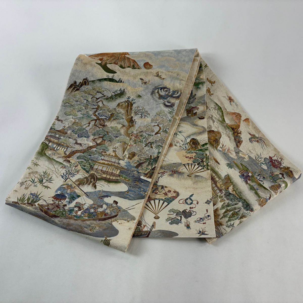 【美品】 袋帶 逸品級 招福千壽紋 七福神 金閣寺 金金箔 米色 大鼓圖案 純蠶絲