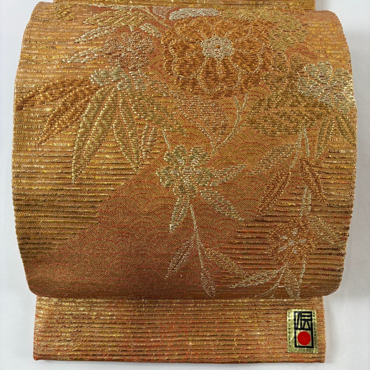 袋帶 逸品級 渡文 鳳凰 草花紋 金糸 金金箔 金色 大鼓圖案 純蠶絲
