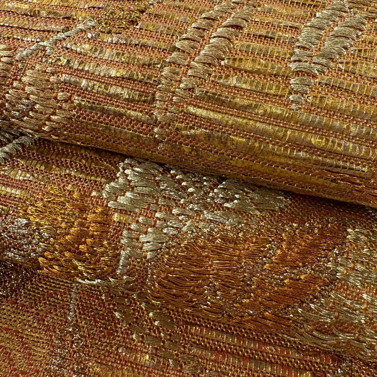 袋帶 逸品級 渡文 鳳凰 草花紋 金糸 金金箔 金色 大鼓圖案 純蠶絲