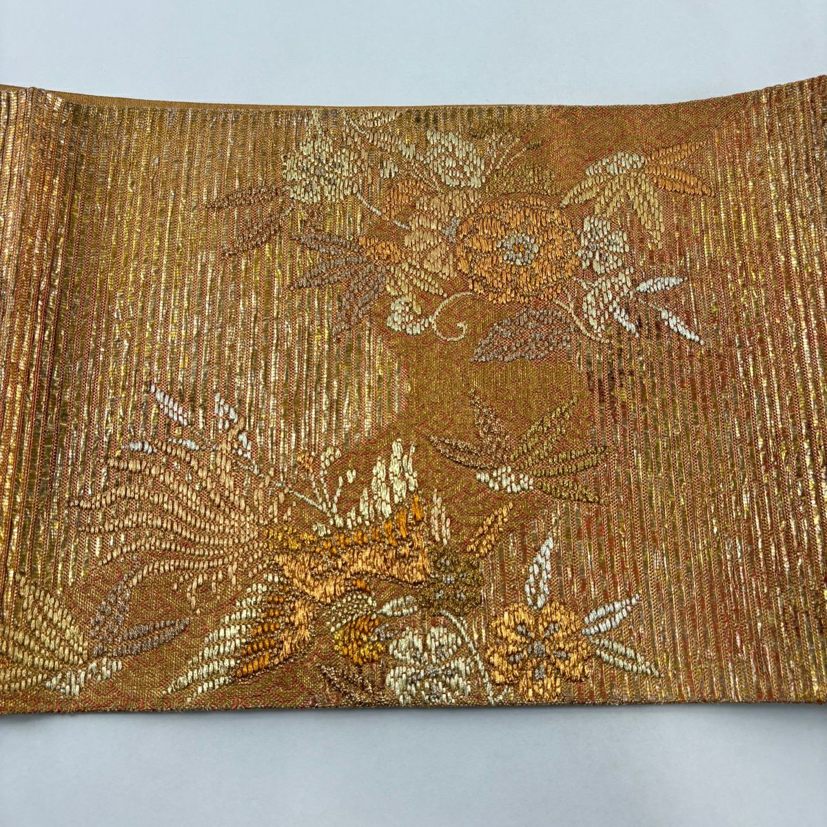 袋帶 逸品級 渡文 鳳凰 草花紋 金糸 金金箔 金色 大鼓圖案 純蠶絲