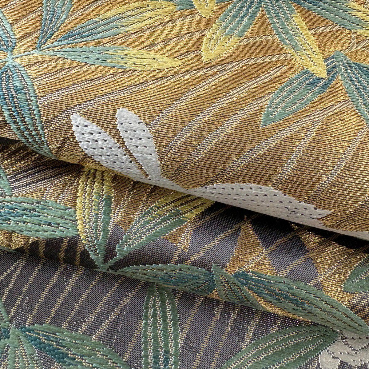 【美品】 袋帶 逸品級 じゅらく 落款あり 黃皇絲 兔子 竹子葉 金銀線 金金箔 金色 六通 純蠶絲
