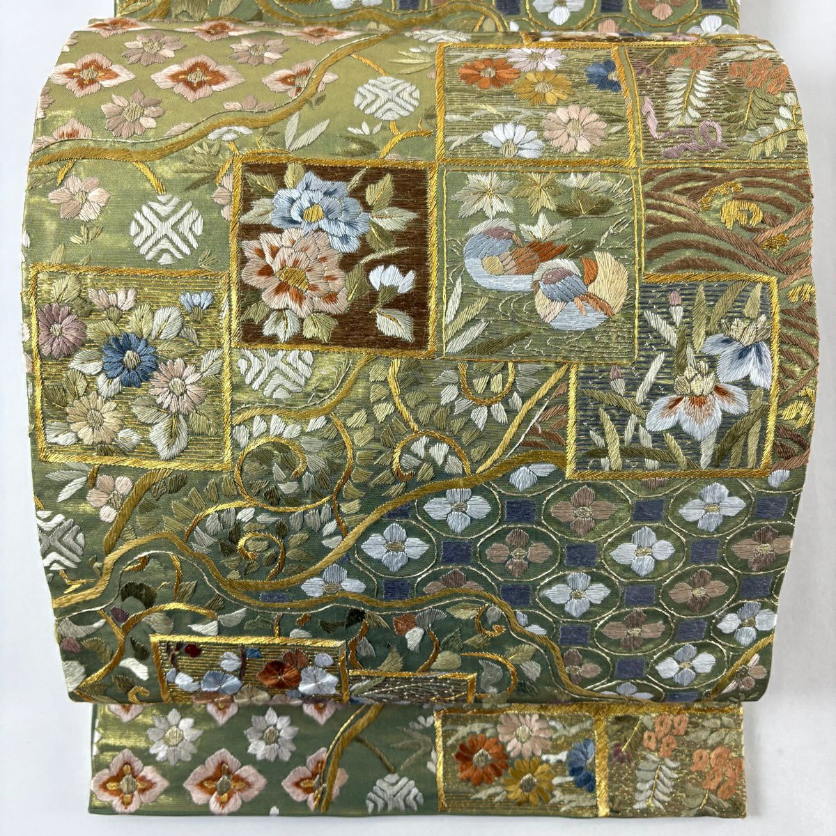 袋帶 逸品級 色紙 花鳥 刺繡 金線 艾草綠 六通 純蠶絲