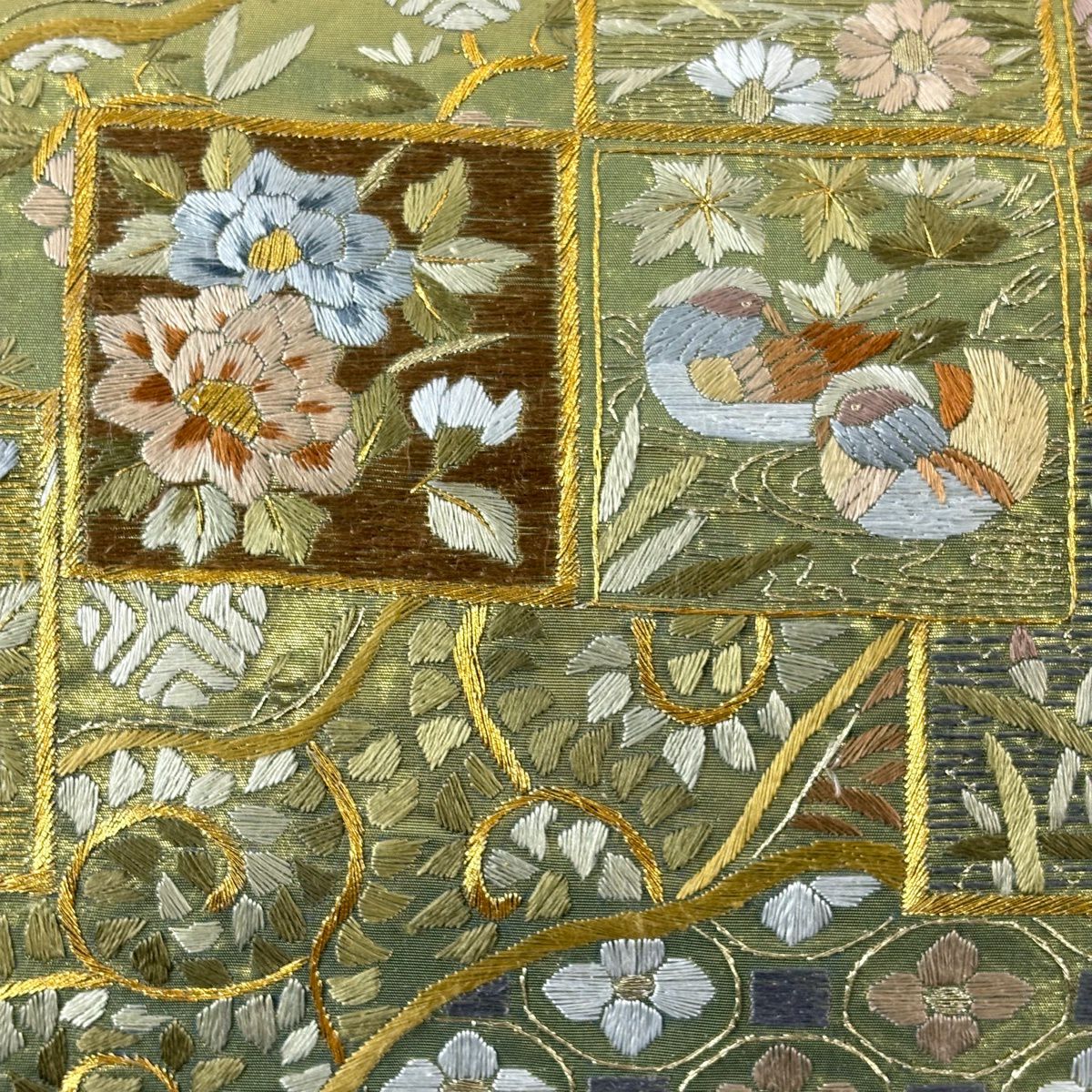 袋帶 逸品級 色紙 花鳥 刺繡 金線 艾草綠 六通 純蠶絲