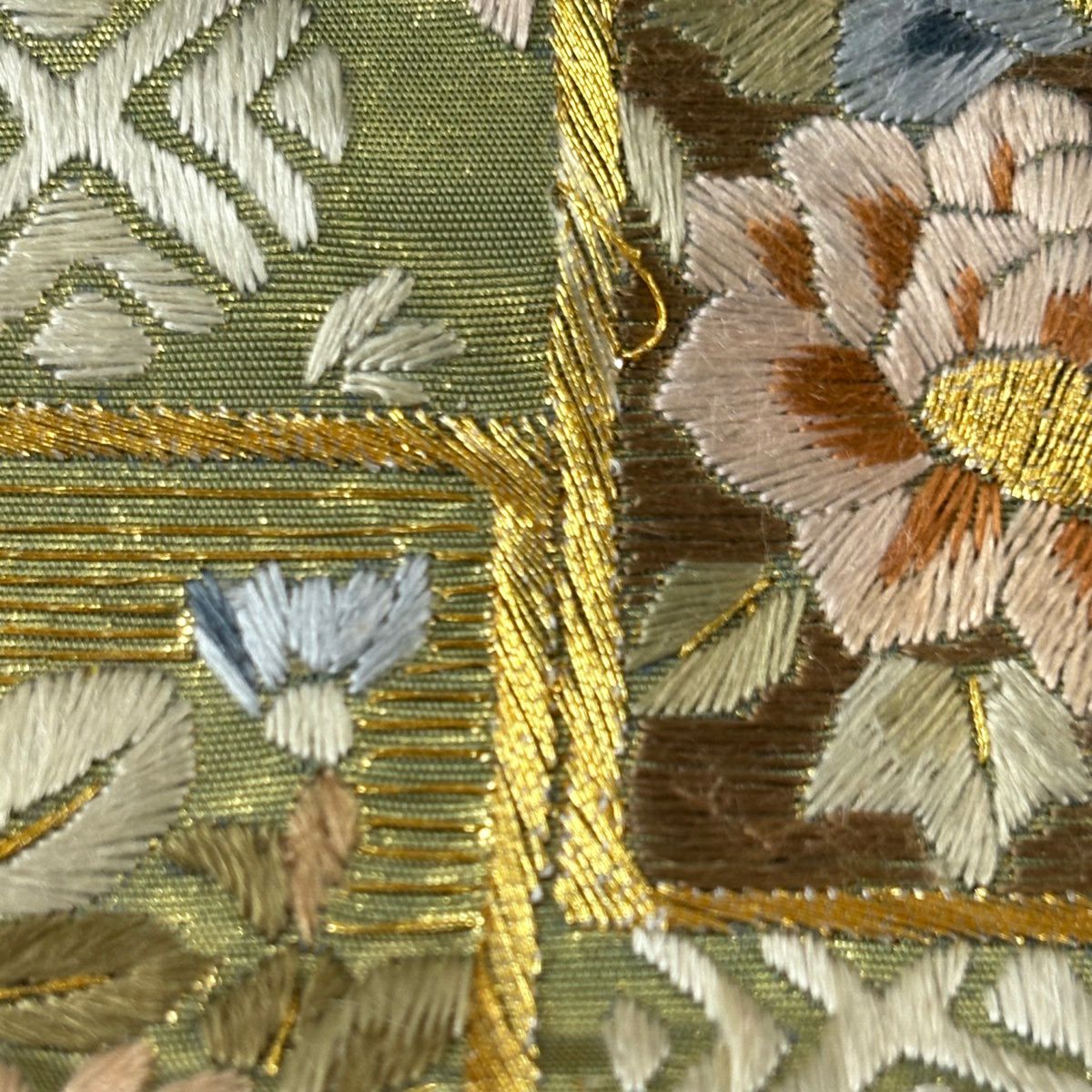 袋帶 逸品級 色紙 花鳥 刺繡 金線 艾草綠 六通 純蠶絲