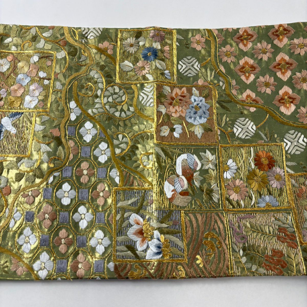 袋帶 逸品級 色紙 花鳥 刺繡 金線 艾草綠 六通 純蠶絲