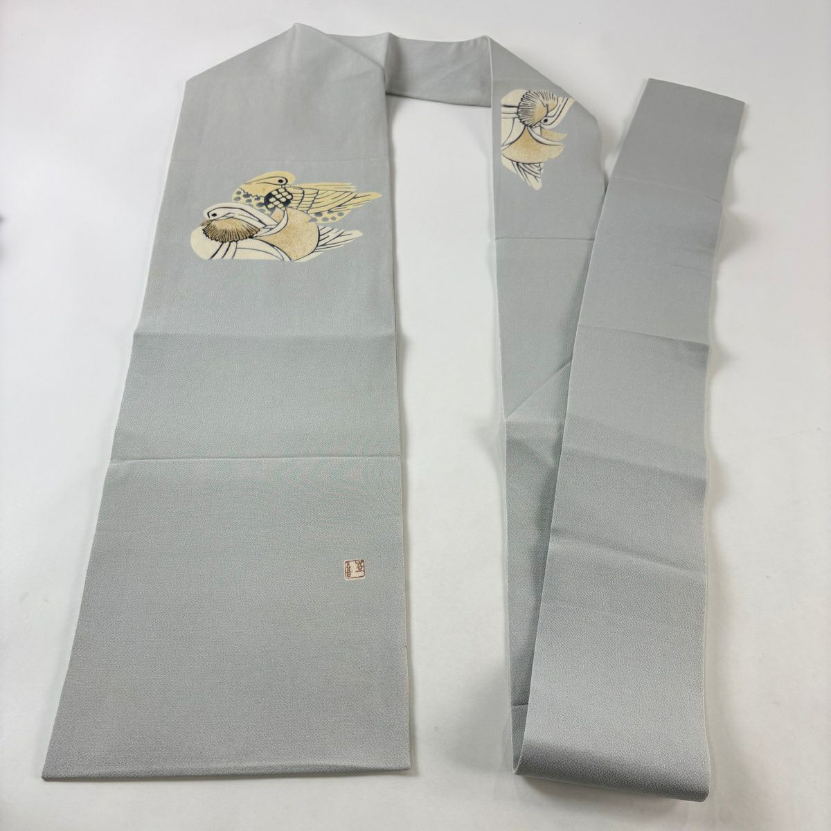 名古屋帶 逸品級 羽田登喜 落款 鴛鴦 金絲 金銀彩 灰色 純蠶絲