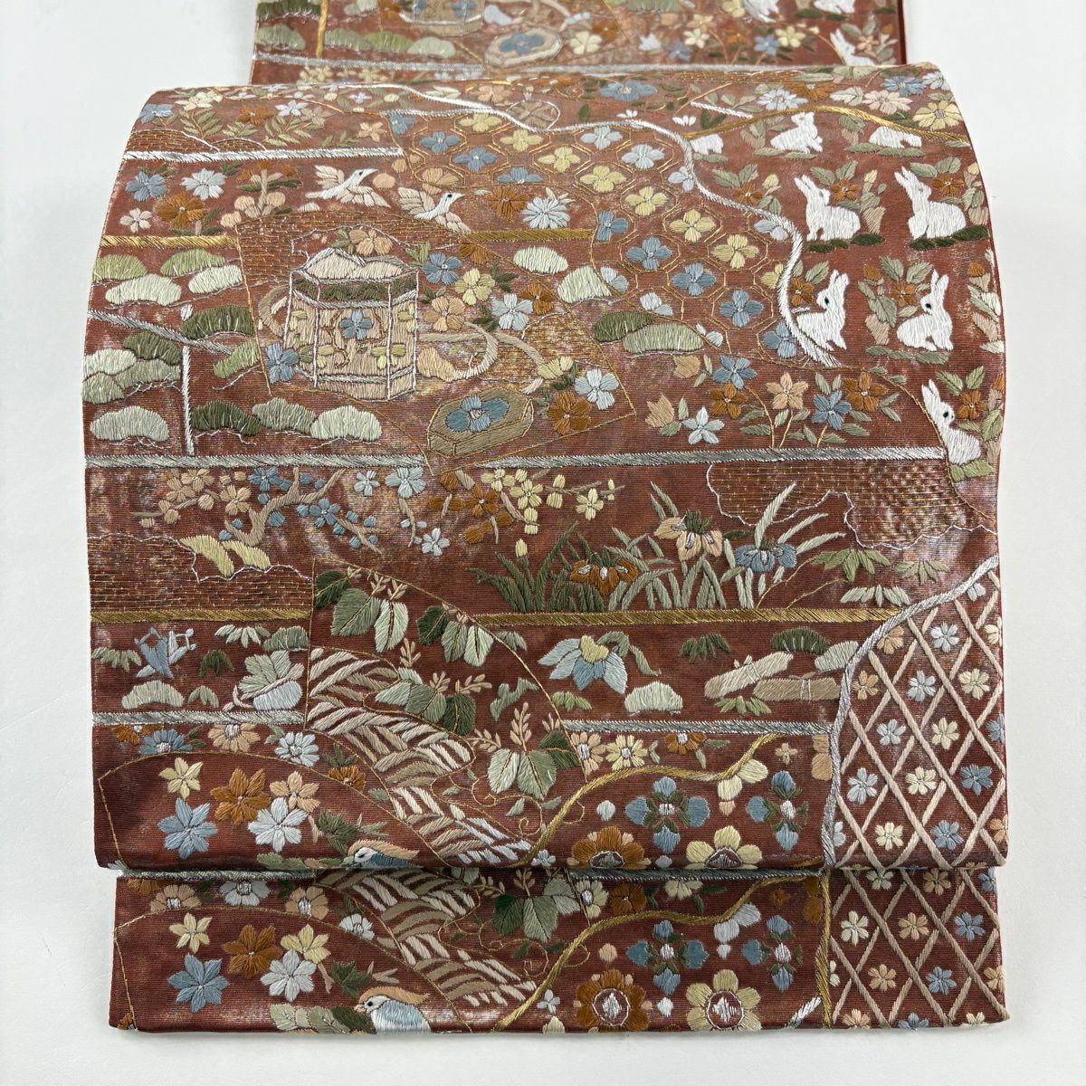 【美品】 袋帶 逸品級 貝桶 兔子 刺繡 金線 茶 六通 純蠶絲