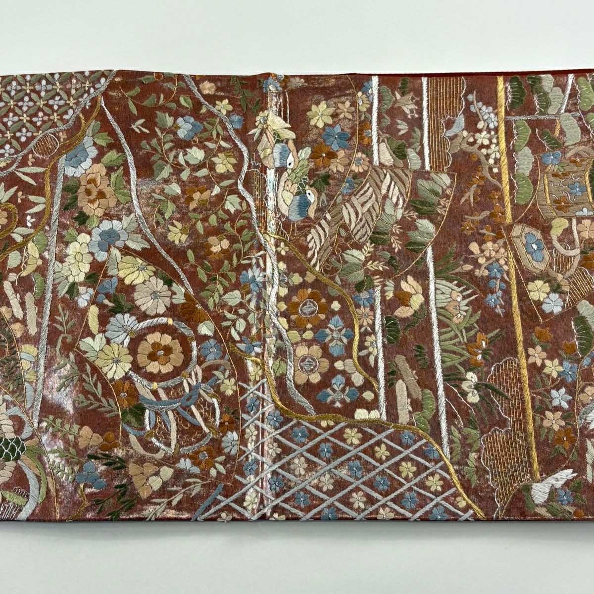 【美品】 袋帶 逸品級 貝桶 兔子 刺繡 金線 茶 六通 純蠶絲