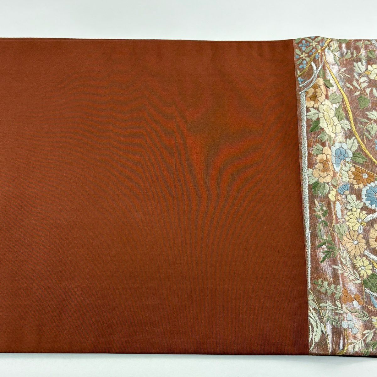 【美品】 袋帶 逸品級 貝桶 兔子 刺繡 金線 茶 六通 純蠶絲