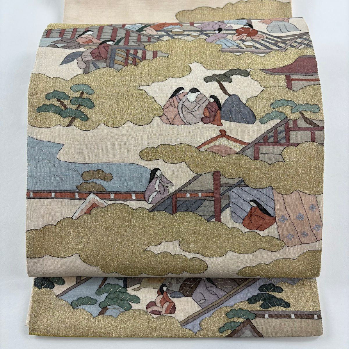 【美品】 袋帶 逸品級 人物 雲紋 金絲 銀絲 米色 大鼓圖案 純蠶絲