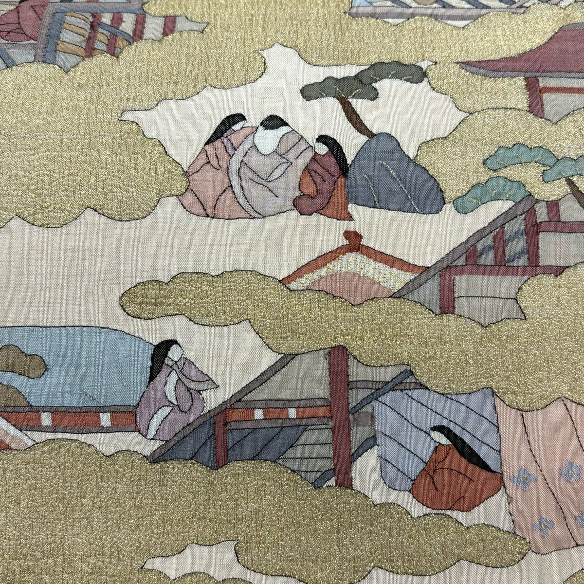 【美品】 袋帶 逸品級 人物 雲紋 金絲 銀絲 米色 大鼓圖案 純蠶絲