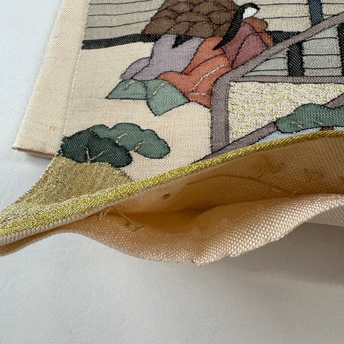 【美品】 袋帶 逸品級 人物 雲紋 金絲 銀絲 米色 大鼓圖案 純蠶絲