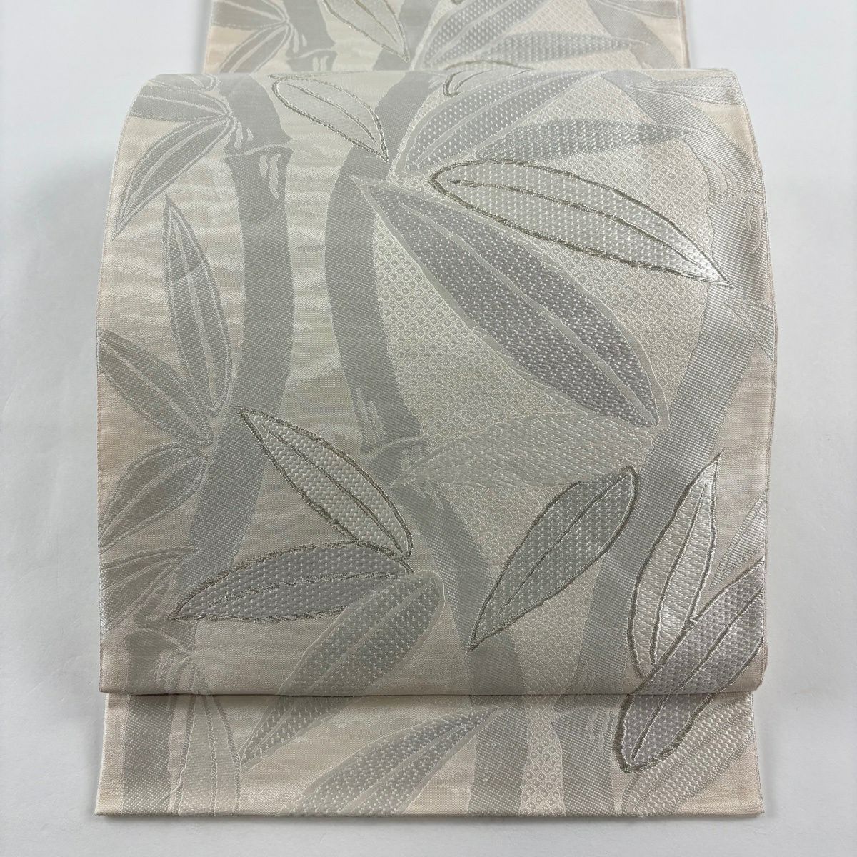 袋帶 逸品級 富屋織物 證書齊全 竹子 銀線 灰白 六通 純蠶絲