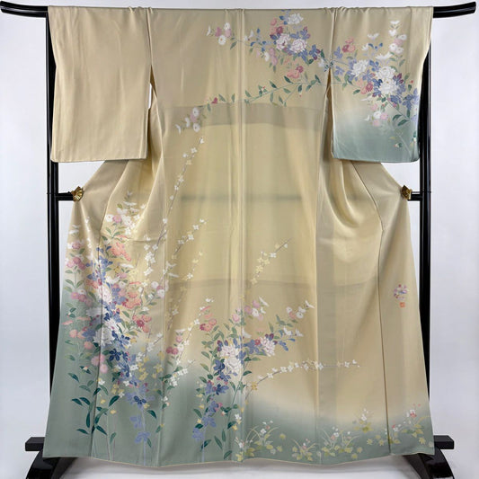 【美品】訪問服 身長164cm 袖長67.5cm L 雙層 落款あり 菊花 花紋 漸層 米色 純蠶絲 逸品級