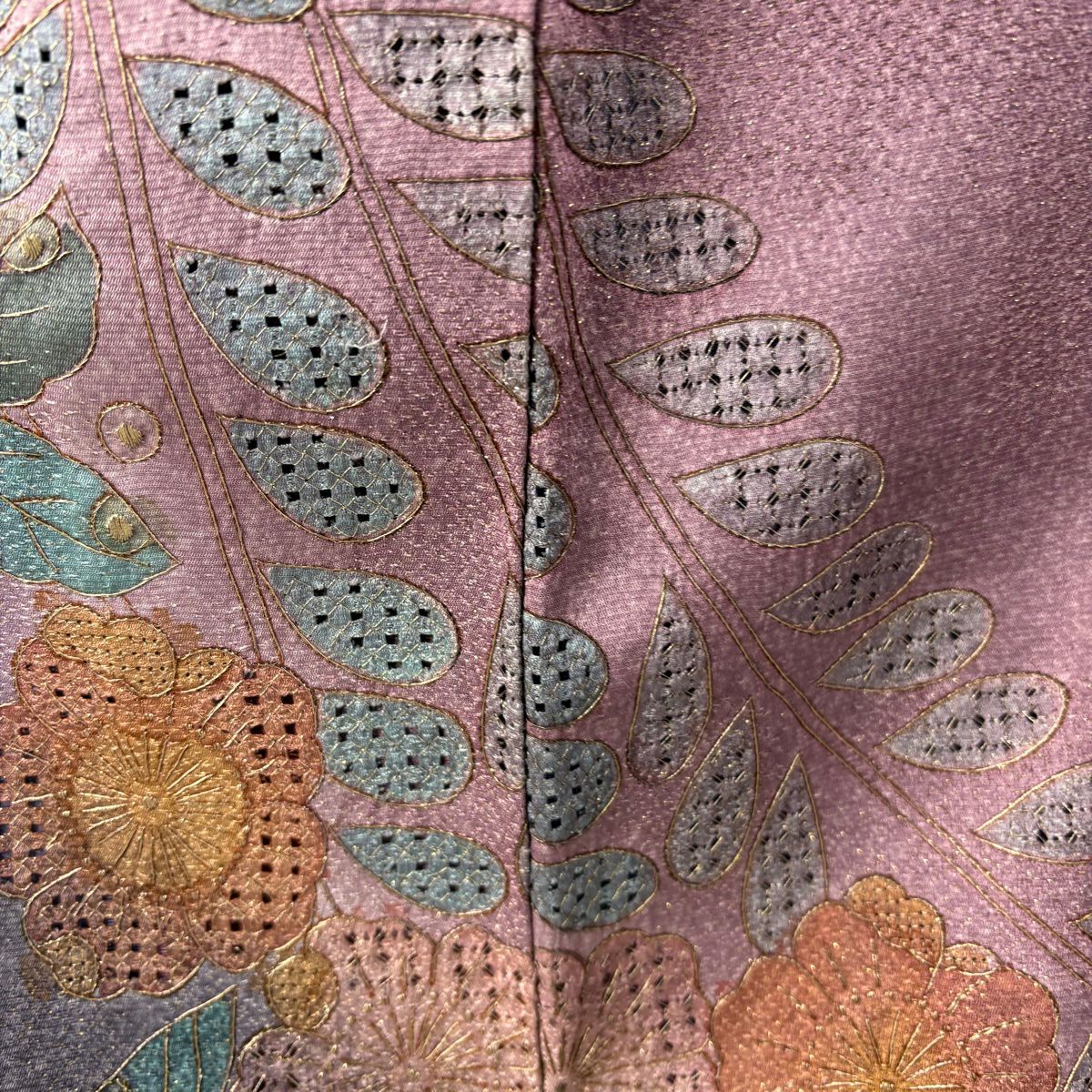 【美品】訪問服 身長166.5cm 袖長67cm M 雙層 辻花染 金糸 刺繡 紫 純蠶絲 逸品級