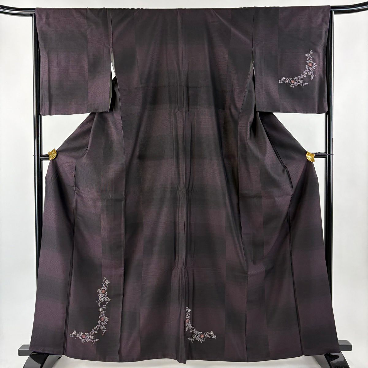 【美品】 付下 身長163cm 袖長65cm M 雙層 お召地 大和 花唐草紋 刺繡 深紫 純蠶絲 逸品級