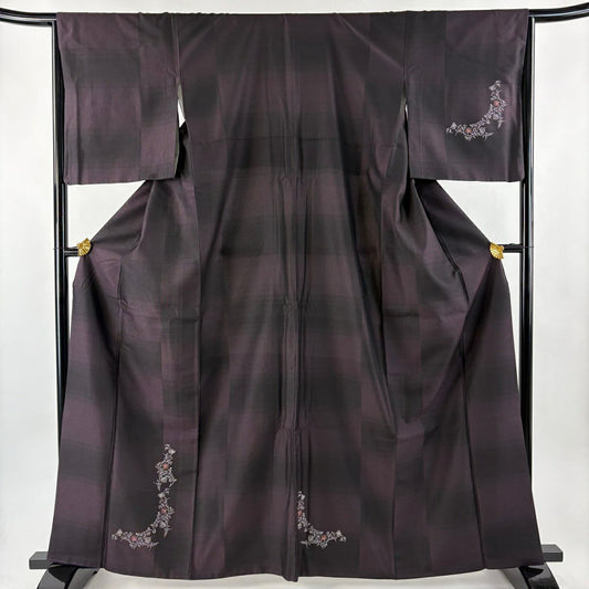 【美品】 付下 身長163cm 袖長65cm M 雙層 お召地 大和 花唐草紋 刺繡 深紫 純蠶絲 逸品級