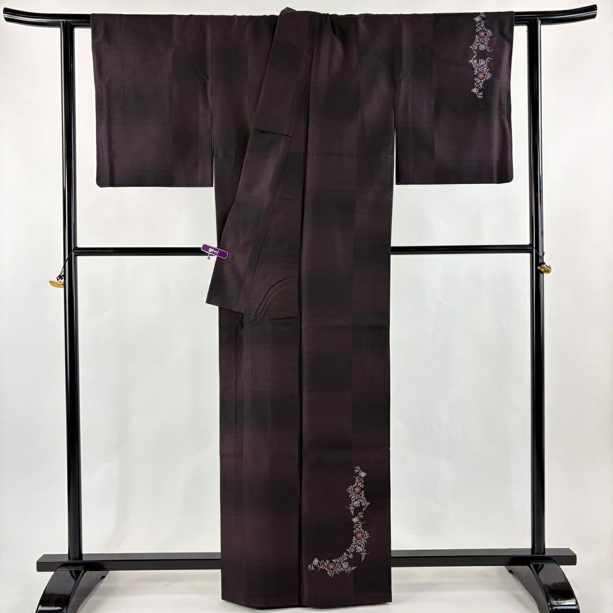 【美品】 付下 身長163cm 袖長65cm M 雙層 お召地 大和 花唐草紋 刺繡 深紫 純蠶絲 逸品級