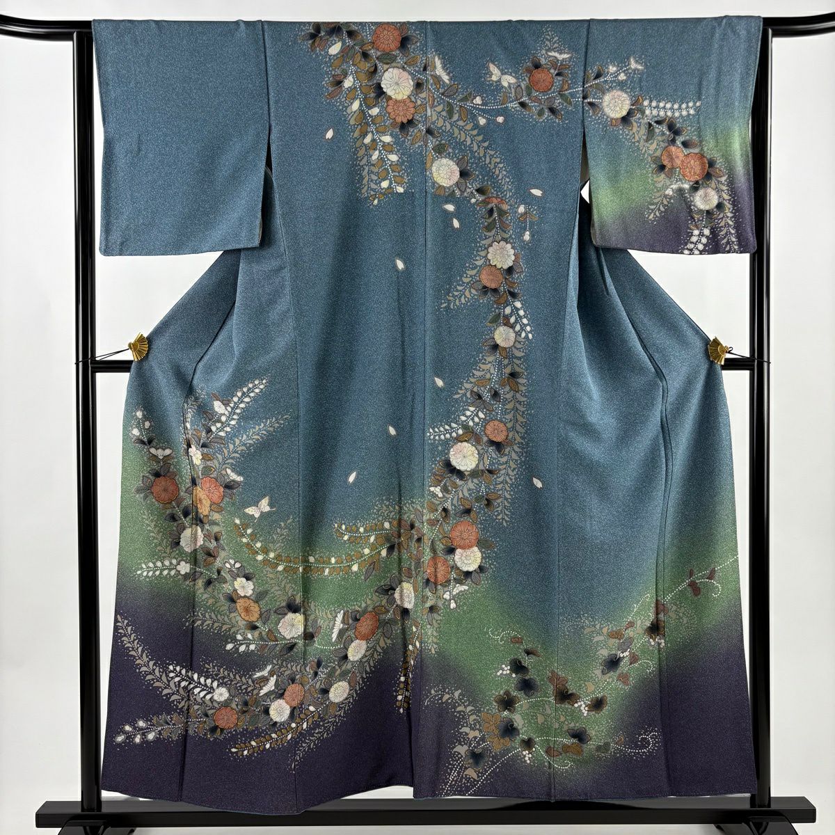 訪問服 身長156.5cm 袖長64cm M 雙層 辻花染 金彩裝飾 漸層 青灰 純蠶絲 名品級