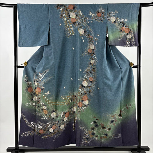 訪問服 身長156.5cm 袖長64cm M 雙層 辻花染 金彩裝飾 漸層 青灰 純蠶絲 名品級