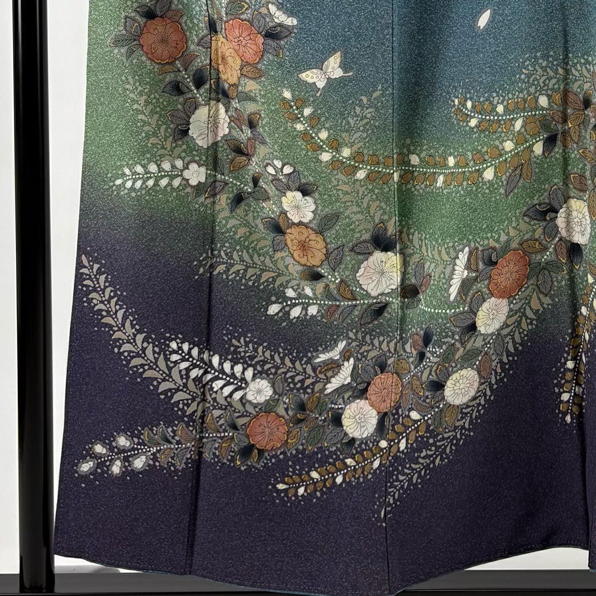 訪問服 身長156.5cm 袖長64cm M 雙層 辻花染 金彩裝飾 漸層 青灰 純蠶絲 名品級